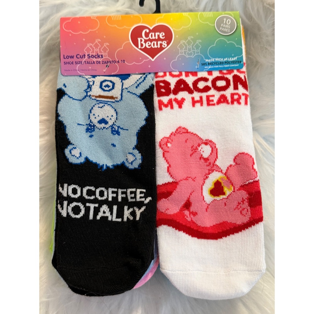 Care Bears Low Cut Socks 10 Pair Pack Shoe Size 4-10 Multi Color Puns New